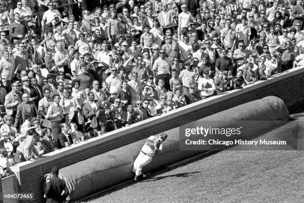 Chicago Cubs baseball player Ron Santo catching a foul ball in the fourth inning during a game against the St Louis Cardinals at Wrigley Field,...