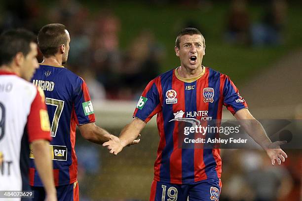 Michael Bridges of the Jets questions a decision during the round 27 A-League match between the Newcastle Jets and Adelaide United at Hunter Stadium...