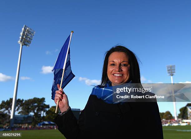 Independent Senator Jacqui Lambie poses prior to the round 20 AFL match between the North Melbourne Kangaroos and the St Kilda Saints at Blundstone...