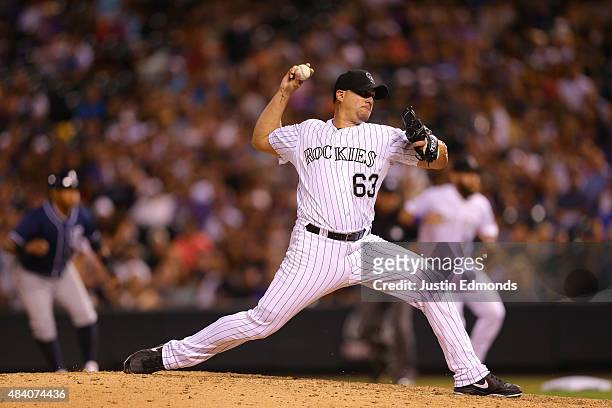 Rafael Betancourt of the Colorado Rockies delivers to home plate during the seventh inning against the San Diego Padres at Coors Field on August 14,...