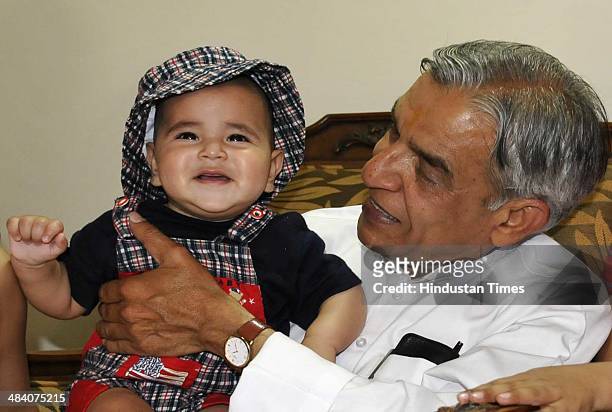 Congress Lok sabha candidate from Chandigarh Pawan Kumar Bansal along with grand children at his residence a day after polling on Apriil 11, 2014 in...