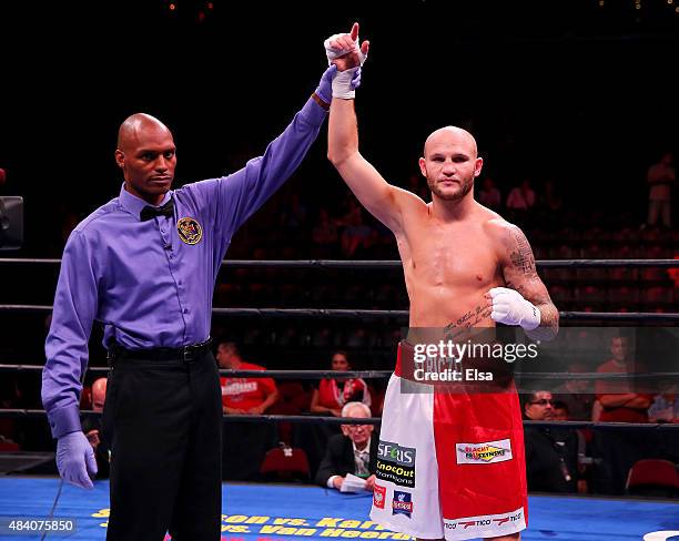 Maciej Sulecki is delcared the winner over Jose Rodriguez during the Premier Boxing Champions Middleweight bout at the Prudential Center on August...