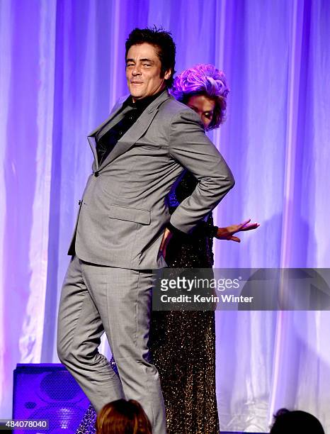 Actors Benicio del Toro and Jane Fonda appear onstage during HFPA Annual Grants Banquet at the Beverly Wilshire Four Seasons Hotel on August 13, 2015...