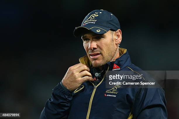 Wallabies assistant coach Nathan Grey looks on prior to The Rugby Championship, Bledisloe Cup match between the New Zealand All Blacks and the...