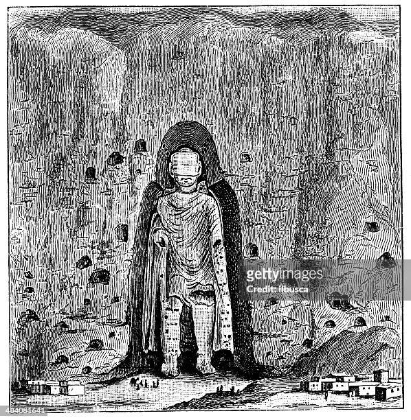 antique illustration of the largest of the buddha of bamyan - bamiyan buddhas stock illustrations