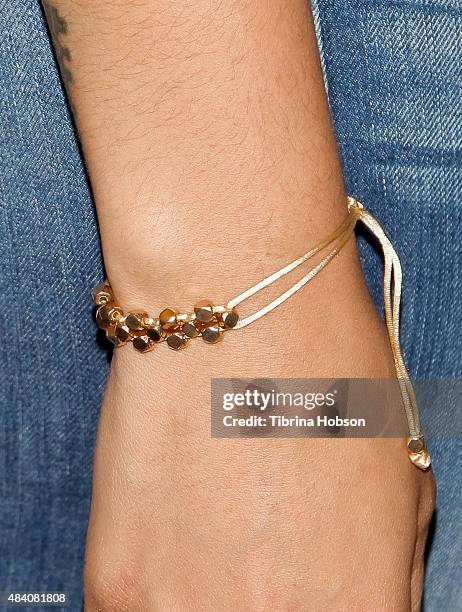 Jordin Sparks, jewelry detail, attends a fan meet and greet to celebrate her new album 'Right Here, Right Now' at Glendale Galleria on August 14,...