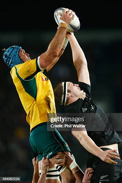 Brodie Retallick of the New Zealand All Blacks and James Horwill of the Wallabies contest the lineout during The Rugby Championship, Bledisloe Cup...