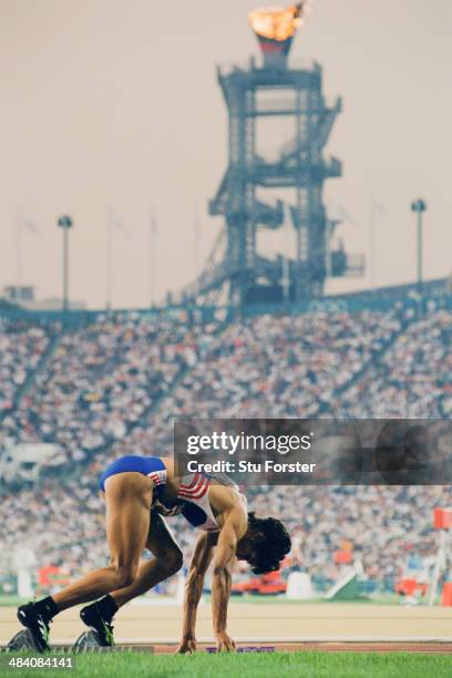 Phylis Smith of Great Britain at the start of the Women's 4x400m relay at Centennial Olympic Stadium, during the Olympic Games in Atlanta, Georgia,...