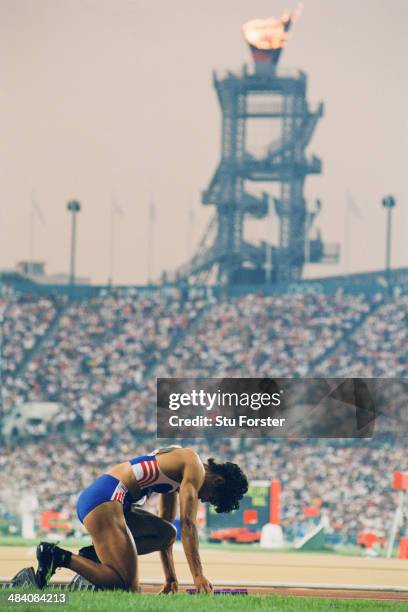 Phylis Smith of Great Britain at the start of the Women's 4x400m relay at Centennial Olympic Stadium, during the Olympic Games in Atlanta, Georgia,...