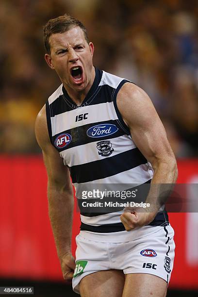 Steve Johnson of the Cats celebrates a goal during the round 20 AFL match between the Geelong Cats and the Hawthorn Hawks at Melbourne Cricket Ground...