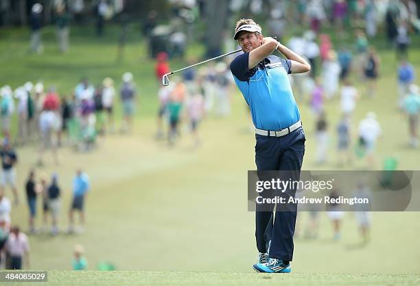 David Lynn of England hits a shot on the first fairway during the second round of the 2014 Masters Tournament at Augusta National Golf Club on April...