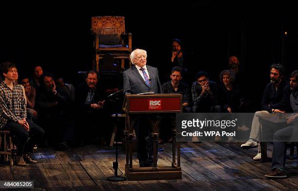 Irish President Michael D. Higgins gives a speech on stage in front of the cast of Henry IV Part I at the Royal Shakespeare Company on April 11, 2014...