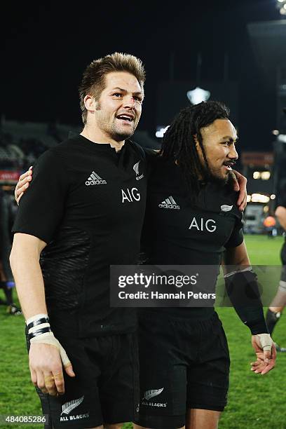 Richie McCaw and Ma'a Nonu of the New Zealand All Blacks celebrate after winning The Rugby Championship, Bledisloe Cup match between the New Zealand...