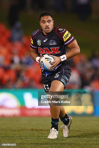 Tupou Sopoaga of the Panthers runs the ball during the round 23 NRL match between the Penrith Panthers and the New Zealand Warriors at Pepper Stadium...