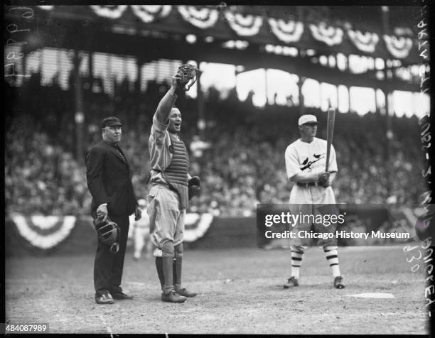 Chicago Cubs baseball catcher Leo Gabby Hartnett standing behind home plate during an Opening Day game against the National League's St Louis...