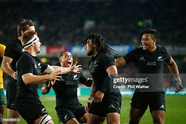 Ma'a Nonu of the All Blacks celebrates his try with Aaron Smith, Julian Savea, and Sam Cane during The Rugby Championship, Bledisloe Cup match...