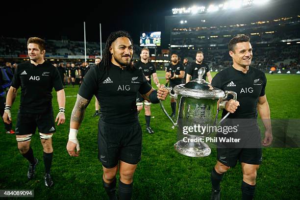 Ma'a Nonu and Dan Carter of the All Blacks with the Bledisloe Cup following The Rugby Championship, Bledisloe Cup match between the New Zealand All...