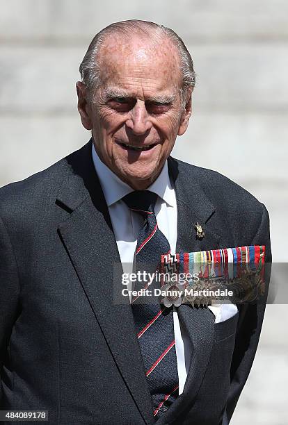 Prince Philip, Duke of Edinburgh leaves the 70th anniversary of VJ Day service of commemoration at St Martin-in-the-Fields on August 15, 2015 in...