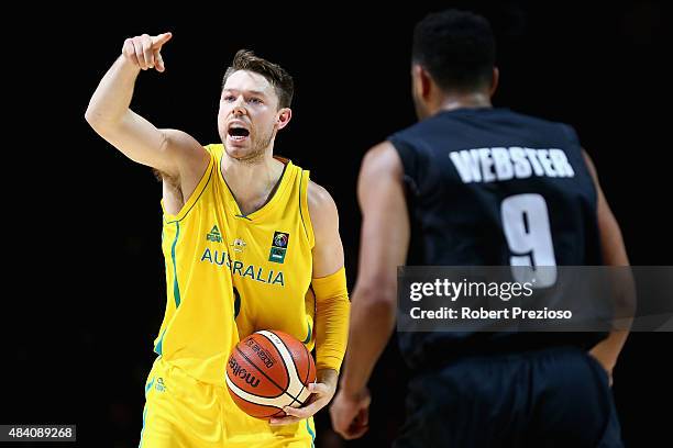 Matthew Dellavedova of the Boomers gives instructions during the game one match between the Australian Boomers and New Zealand Tall Blacks at Rod...