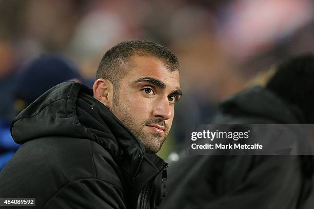 Tim Mannah of the Eels looks on from the bench during the round 23 NRL match between the Sydney Roosters and the Parramatta Eels at Allianz Stadium...