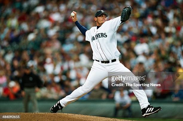 Freddy Garcia of the Seattle Mariners pitches against the Detroit Tigers at Safeco Field on July 29, 2002 in Seattle, Washington. The Mariners...
