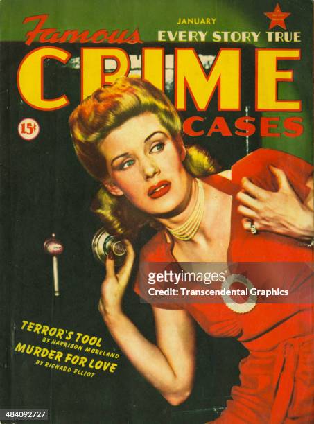 Lithographic cover for lurid pulp magazine entitled Famous Crime Cases features a woman trying to open a safe is published in New York City in 1938.