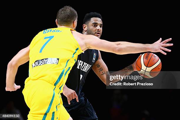 Corey Webster of the Tall Ferns drives to the basket during game one between the Australian Opals and New Zealand Tall Ferns at Rod Laver Arena on...