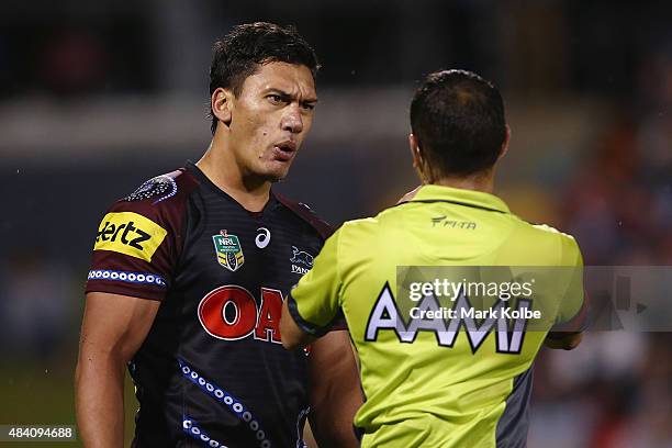Elijah Taylor of the Panthers speaks to the referee during the round 23 NRL match between the Penrith Panthers and the New Zealand Warriors at Pepper...