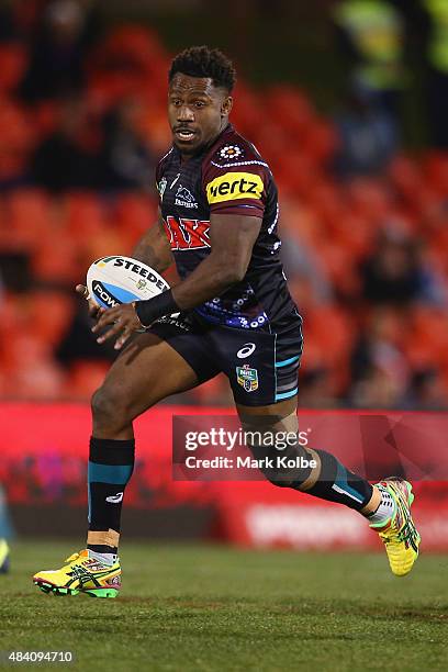 James Segeyaro of the Panthers runs the ball during the round 23 NRL match between the Penrith Panthers and the New Zealand Warriors at Pepper...