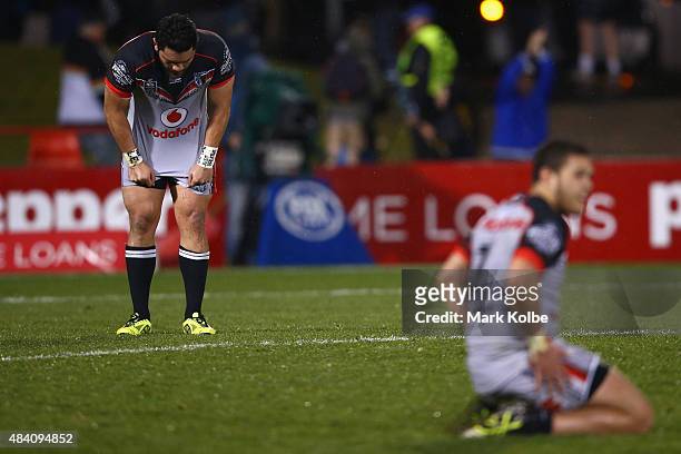 Konrad Hurrell of the Warriors looks dejected after defeat during the round 23 NRL match between the Penrith Panthers and the New Zealand Warriors at...