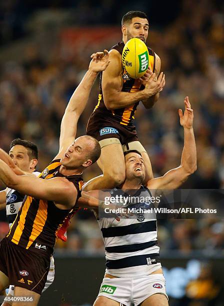 Paul Puopolo of the Hawks attempts a spectacular mark over teammate David Hale and Jared Rivers of the Cats during the 2015 AFL round 20 match...