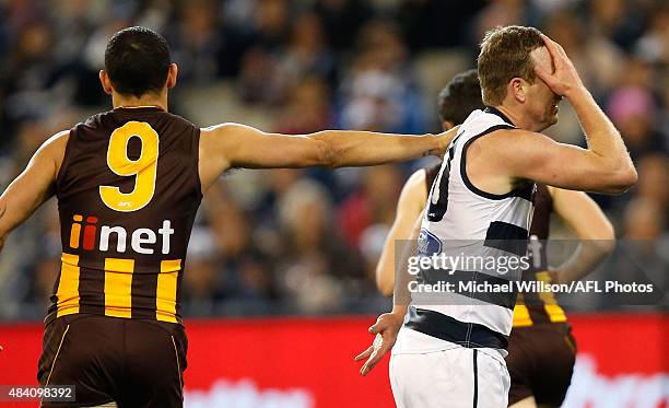 Steve Johnson of the Cats rues a missed shot on goal as Shaun Burgoyne of the Hawks looks on during the 2015 AFL round 20 match between the Geelong...