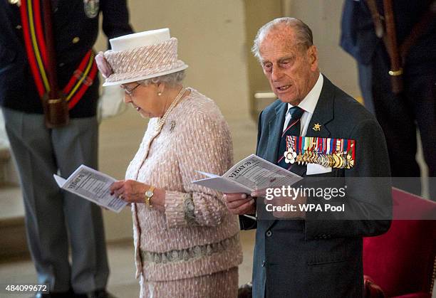 Queen Elizabeth II and Prince Philip, Duke of Edinburgh attend the 70th Anniversary commemorations of VJ Day at St Martin-in-the-Fields Church on...