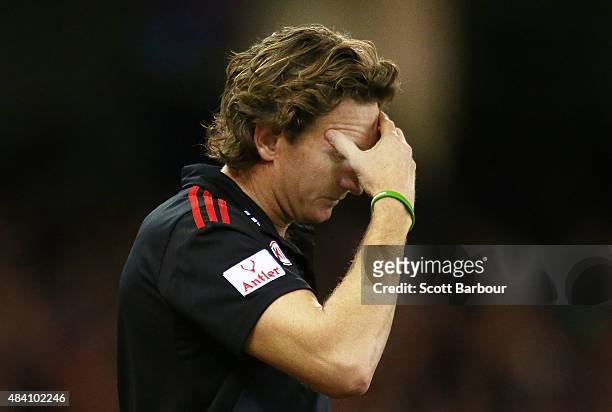 James Hird, coach of the Essendon Bombers looks on during the round 20 AFL match between the Essendon Bombers and the Adelaide Crows at Etihad...