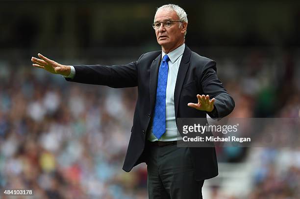 Claudio Ranieri Manager of Leicester City gestures during the Barclays Premier League match between West Ham United and Leicester City at the Boleyn...