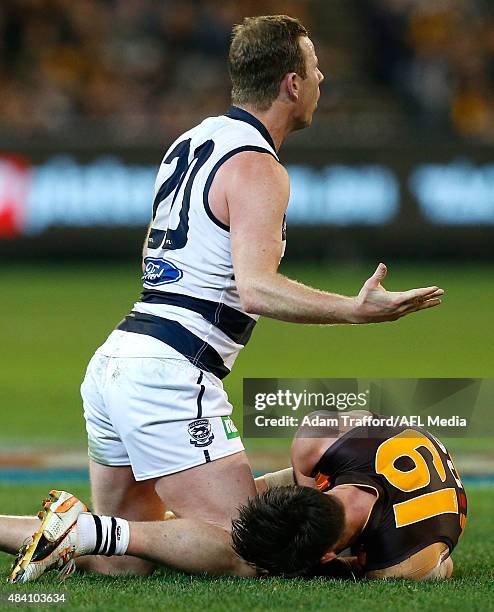 Jack Gunston of the Hawks reacts after a tackle from Steve Johnson of the Cats during the 2015 AFL round 20 match between the Geelong Cats and the...