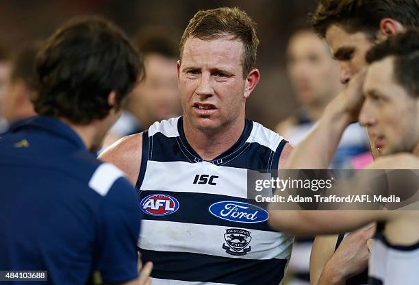 Steve Johnson of the Cats playing his 250th game looks on during the 2015 AFL round 20 match between the Geelong Cats and the Hawthorn Hawks at the...