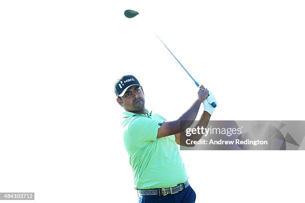 Anirban Lahiri of India plays his shot from the ninth tee during the continuation of the weather-delayed second round of the 2015 PGA Championship at...