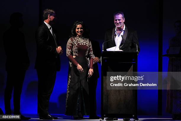 Bhumi Pednekar accepts the award for best actress at the Indian Film Festival of Melbourne Awards Night at the National Gallery of Victoria on August...