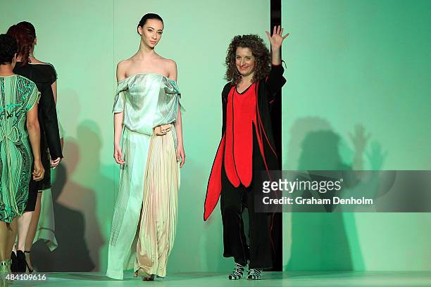 Designer Susan Dimasi walks the catwalk following her show during the Indian Film Festival of Melbourne Awards Night at National Gallery of Victoria...