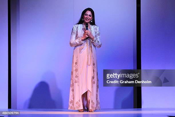 Simi Garewal talks during the Indian Film Festival of Melbourne Awards Night at National Gallery of Victoria on August 15, 2015 in Melbourne,...