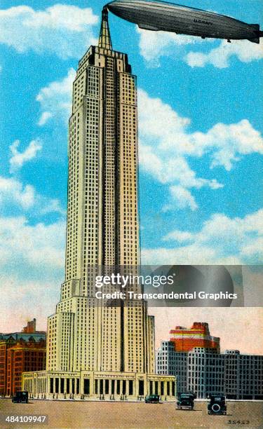 Lithographic color postcard shows a view of the Empire State Building with a blimp teathered to the tower and is printed in New York City around 1930.