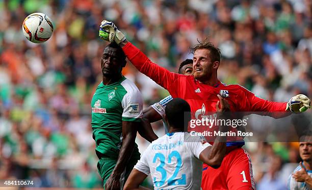 Ralf faehrmann, goalkeeper of Schalke makes a save during the Bundesliga match between SV Werder Bremen and Schalke 04 at Weserstadion on August 15,...