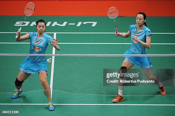 Tian Qing and Zhao Yunlei of China compete against Nitya Krishinda Maheswari and Greysia Polii of Indonesia in the semi final match of the 2015 Total...