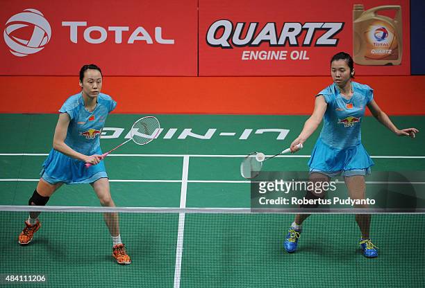Tian Qing and Zhao Yunlei of China compete against Nitya Krishinda Maheswari and Greysia Polii of Indonesia in the semi final match of the 2015 Total...