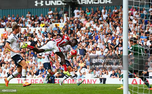 Mame Biram Diouf of Stoke City scores his team's second goal during the Barclays Premier League match between Tottenham Hotspur and Stoke City at...