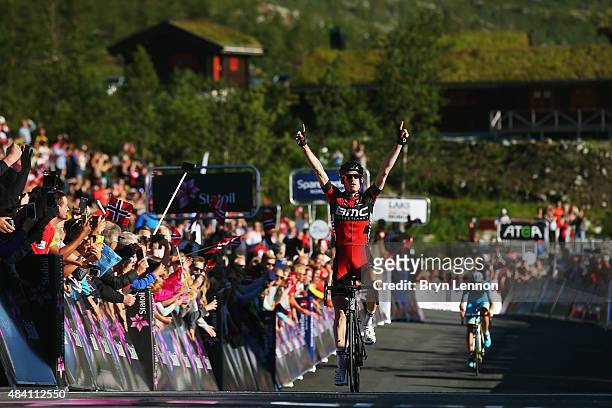 Ben Hermans of Belgium and the BMC Racing Team celebrates winning stage three of the 2015 Arctic Race of Norway, a 183km stage between Finnsnes and...