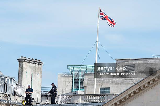 General view of the security presence at the Drumhead Service during the 70th Anniversary commemorations of VJ Day on Horse Guards Parade August 15,...