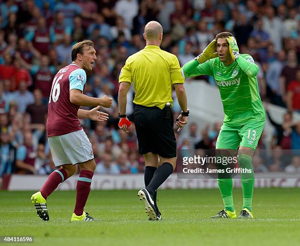 Adrian San Miguel of West Ham United receives a straight red card during the Barclays Premier League match between West Ham United and Leicester City...