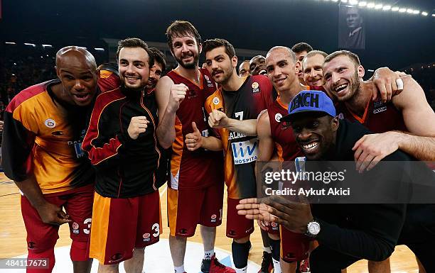 Furkan Aldemir, #19 of Galatasaray Liv Hospital Istanbul celebrates victory during the 2013-2014 Turkish Airlines Euroleague Top 16 Date 14 game...